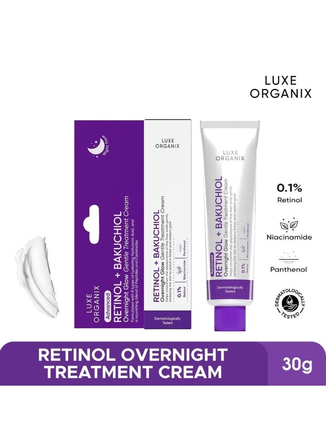 Luxe Organix Overnight Glow Retinol Treatment Cream 30g with Bakuchiol, 0.1% Retinol and Niacinamide for Brighter Skin, Reduced Wrinkles and Improved Skin Texture - Image 1